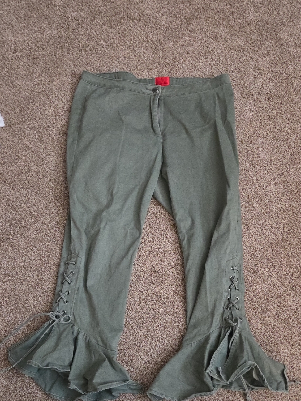 V Cristina Olive Green Wide Leg Pants with Ruffle Hem